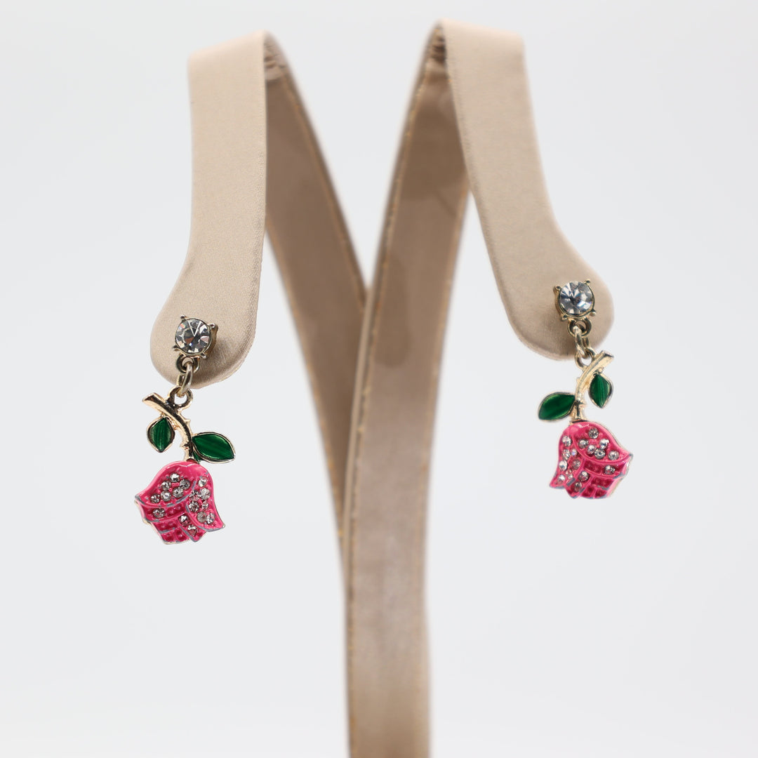 Pink Rose Flower Dangle Earrings with Rhinestones