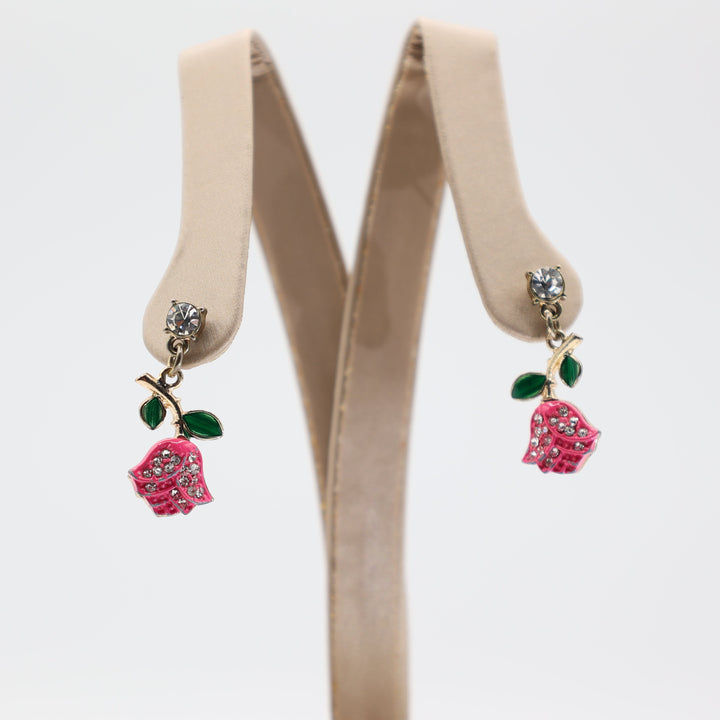 Pink Rose Flower Dangle Earrings with Rhinestones