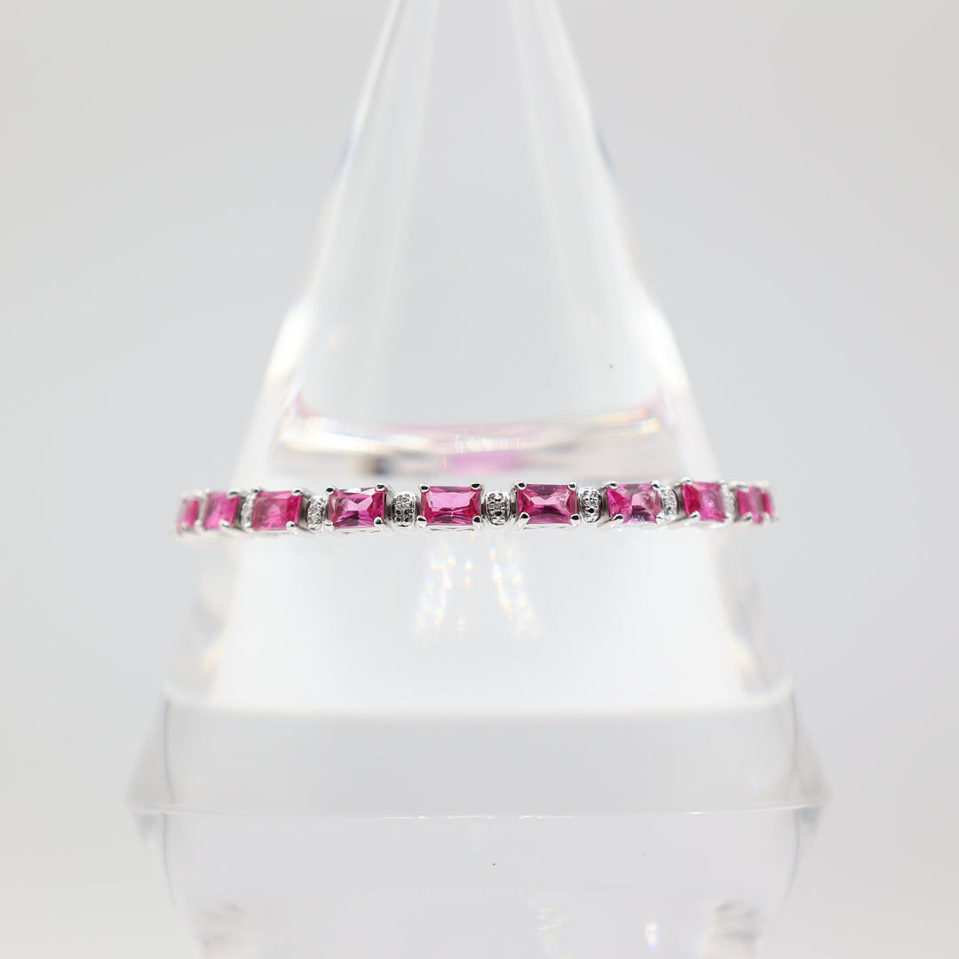 925 Silver Pink Sapphire Crystals and White Diamonds Tennis Bracelet 7.5 in.