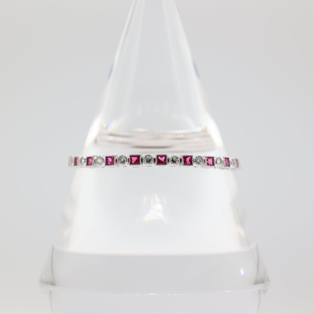 925 Pink Sapphire and White CZ Stones Tennis Bracelet 7in.