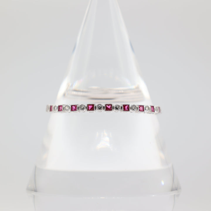 925 Pink Sapphire and White CZ Stones Tennis Bracelet 7in.