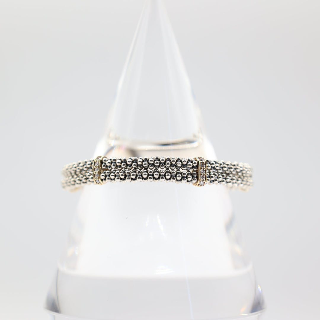 Lagos 925 & 18k Yellow Gold Caviar Beaded Bracelet with White Diamond on Gold Accents 6.5 inch