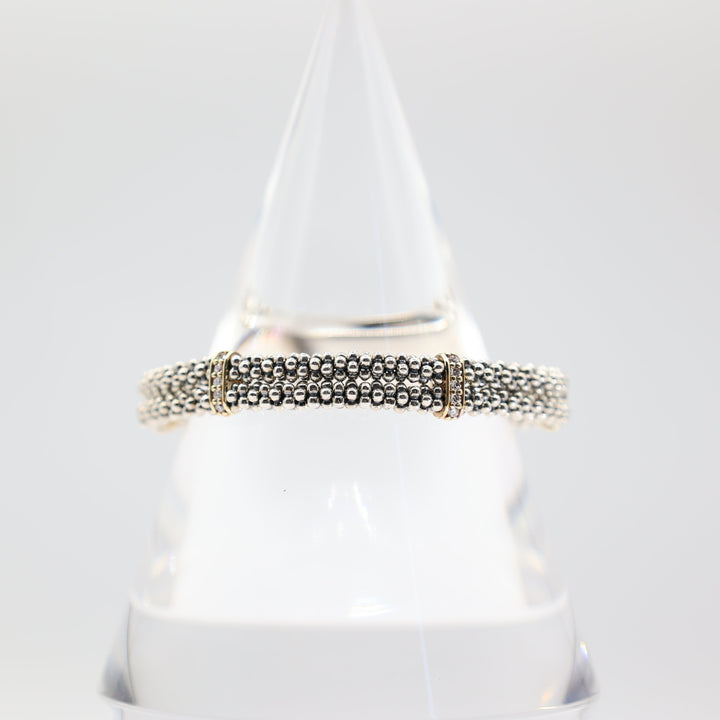 Lagos 925 & 18k Yellow Gold Caviar Beaded Bracelet with White Diamond on Gold Accents 6.5 inch