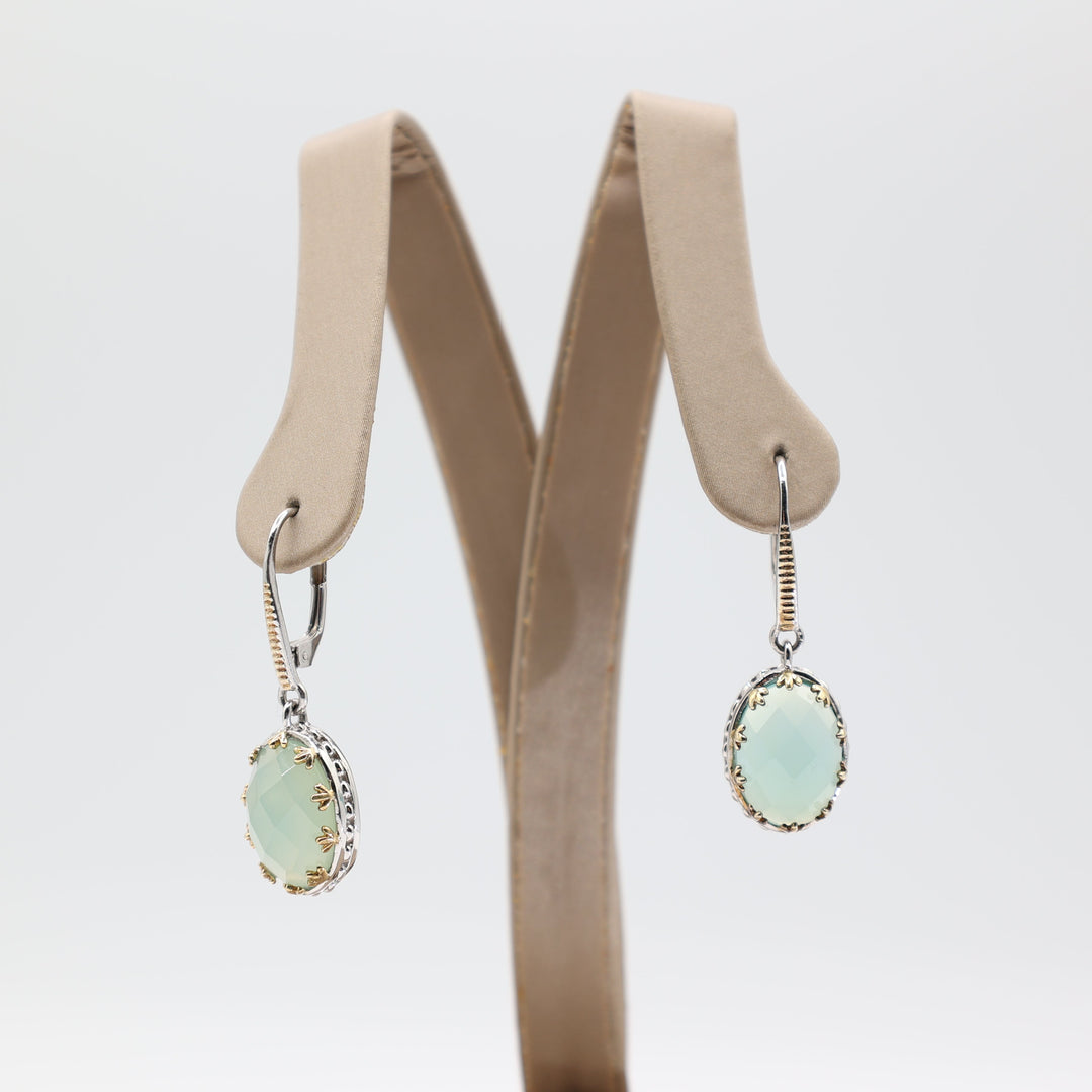 Chalcedony Solitaire Oval Stone with Gold Tone Accents Dangle Clasp Earrings