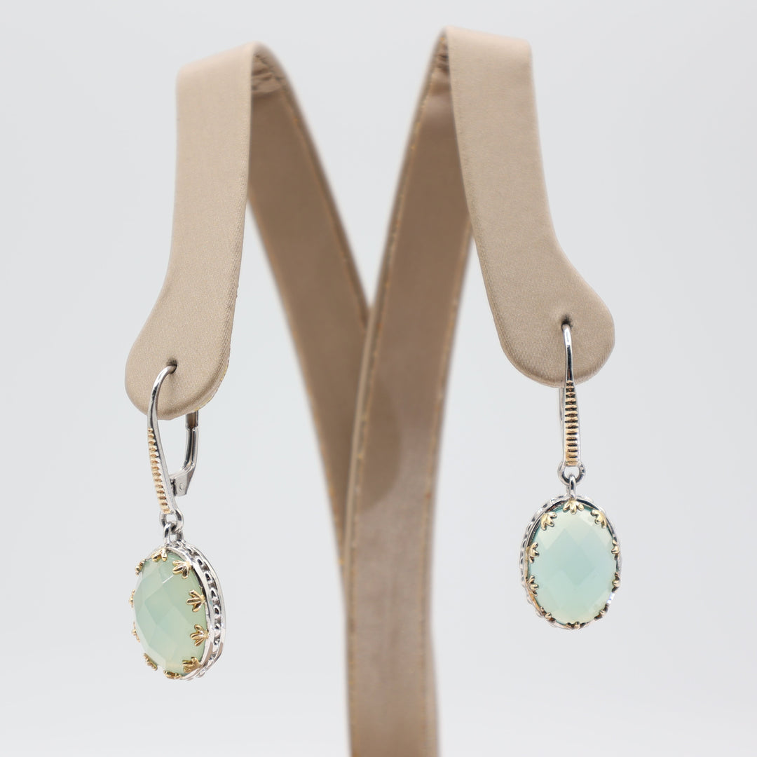 Chalcedony Solitaire Oval Stone with Gold Tone Accents Dangle Clasp Earrings