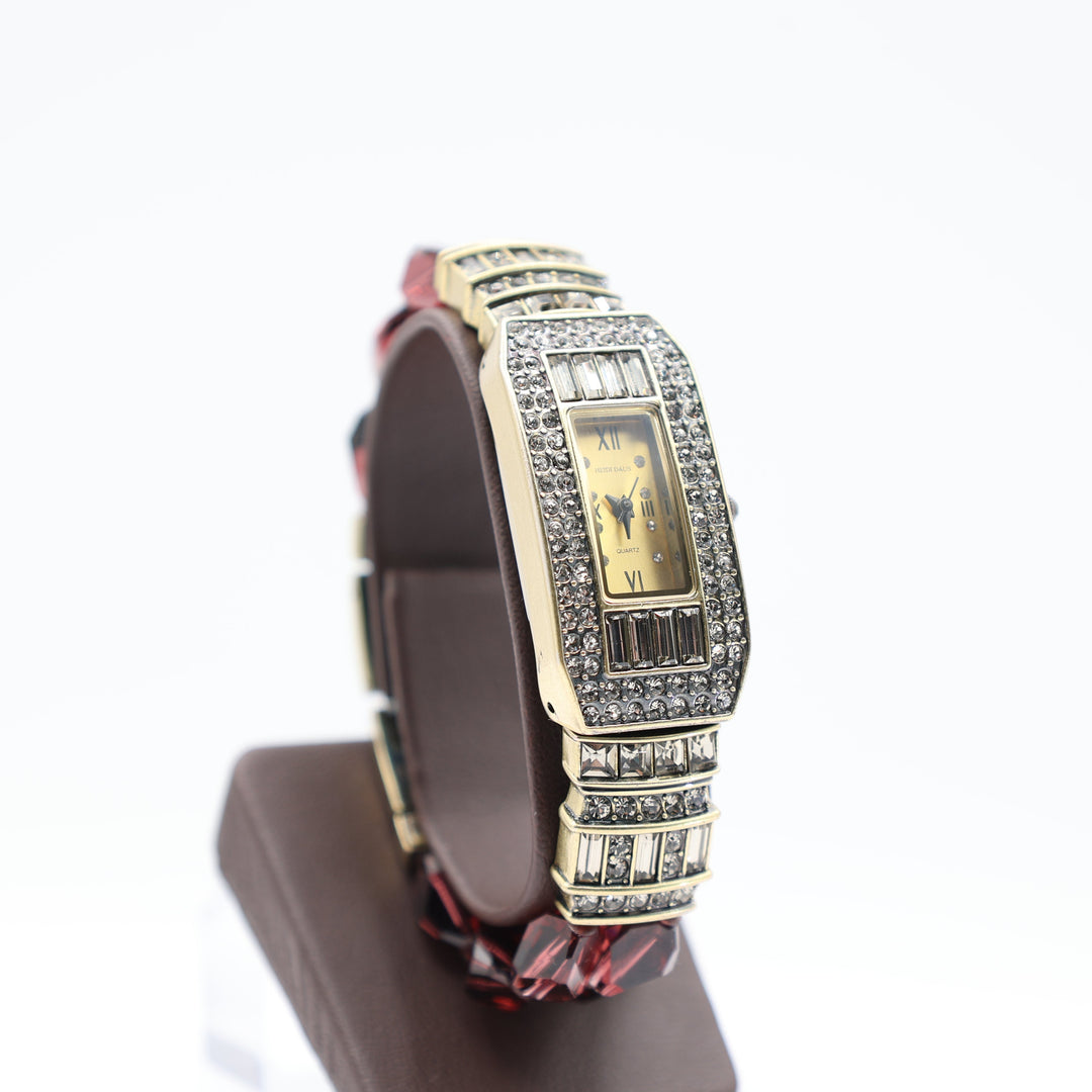 Heidi Daus Double Strand Purple Beaded Rectangular Watch with Crystals
