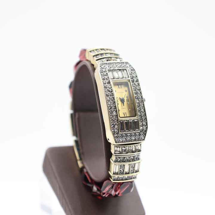 Heidi Daus Double Strand Purple Beaded Rectangular Watch with Crystals