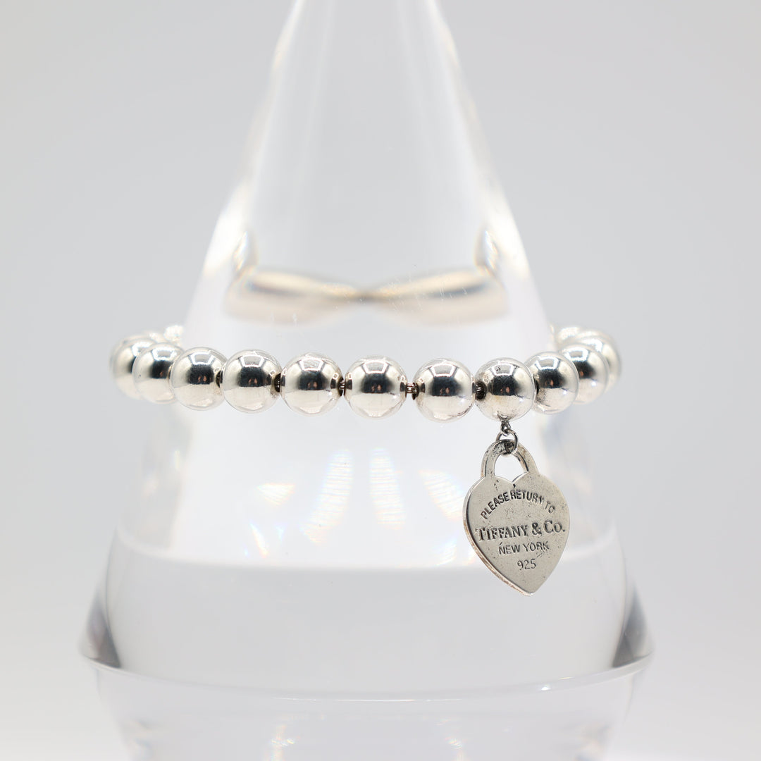 Tiffany & Co. 925 Silver Beaded Bracelet with Heart Tag Charm - 7 in.