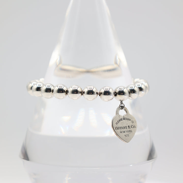 Tiffany & Co. 925 Silver Beaded Bracelet with Heart Tag Charm - 7 in.