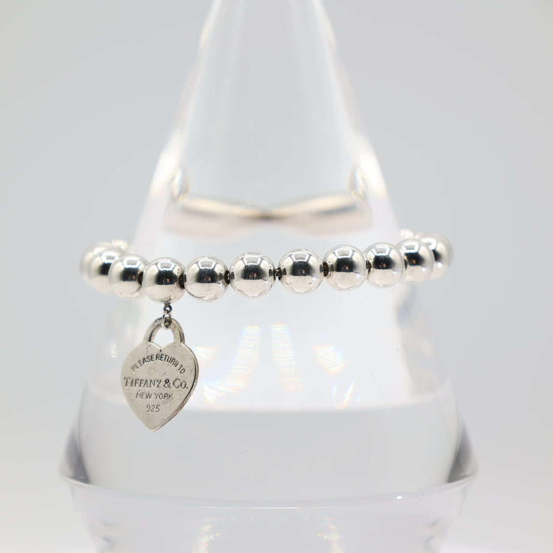 Tiffany & Co. 925 Silver Beaded Bracelet with Heart Tag Charm - 7 in.