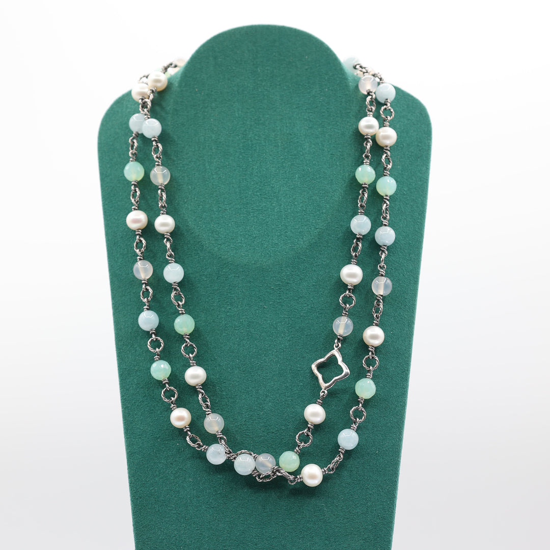 David Yurman 925 Sterling Silver Quatrefoil Bijoux Chalcedony and Pearls Beaded Necklace - 21 in.