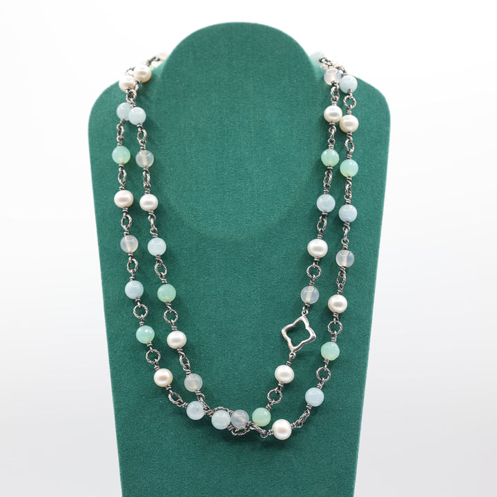 David Yurman 925 Sterling Silver Quatrefoil Bijoux Chalcedony and Pearls Beaded Necklace - 21 in.