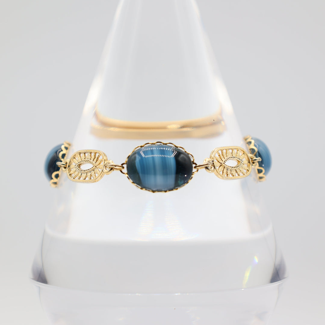 Yellow Gold Tone and Nickel Filigree Blue Glass and Marble Stone Bracelet - 7 in.
