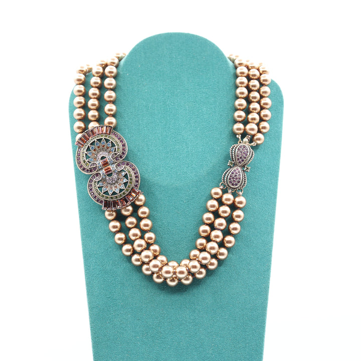 Heidi Daus Triple Strand Gold Pearls with Amber Crystal Necklace