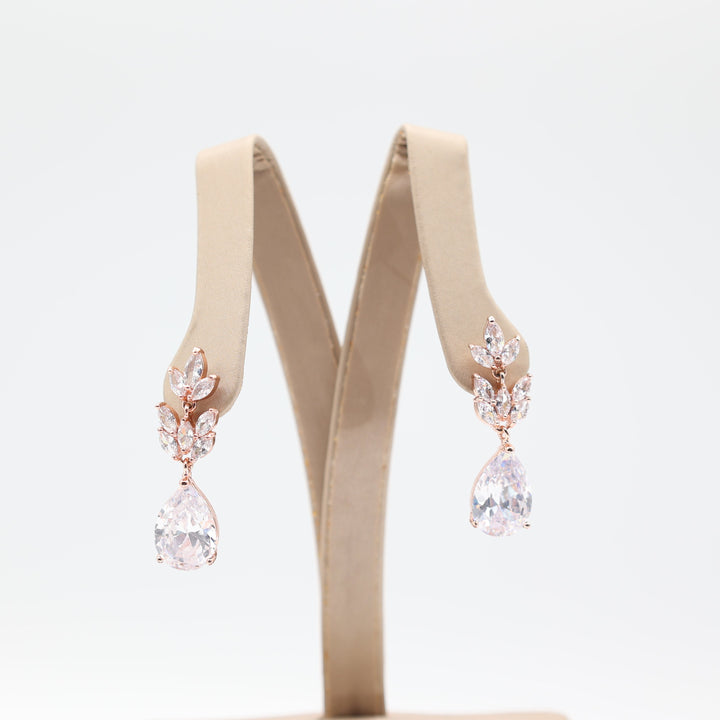 Petal Style Bridal Rose Gold Tone Pear Cut Dangle Earrings