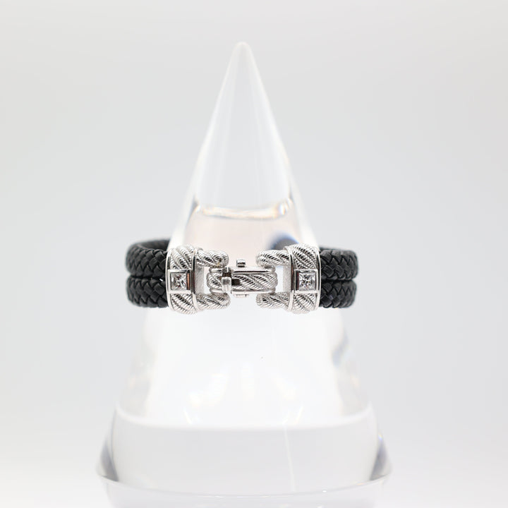 Judith Ripka Black Braided Leather with 925 Sterling Silver Buckle Bracelet- 7 inches