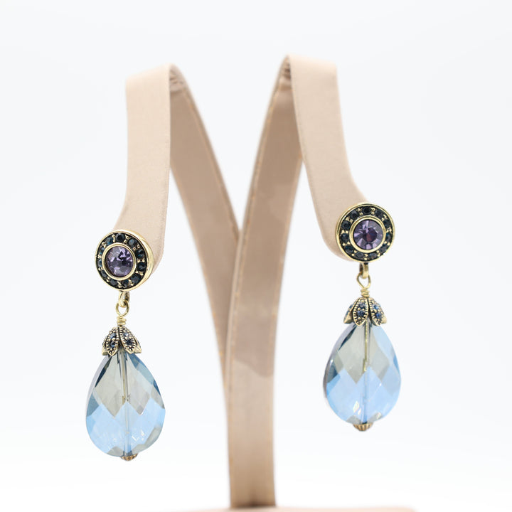 Heidi Daus Vintage Gold Tone Large Blue Tone Rhinestone Earrings