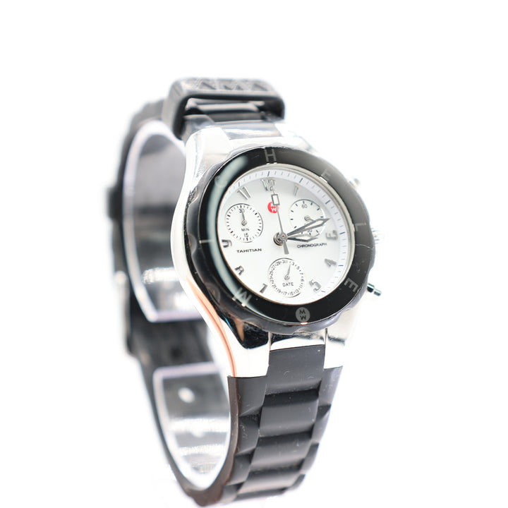 Michele Tahitian Black Silicone Stainless Steel Chronograph Watch