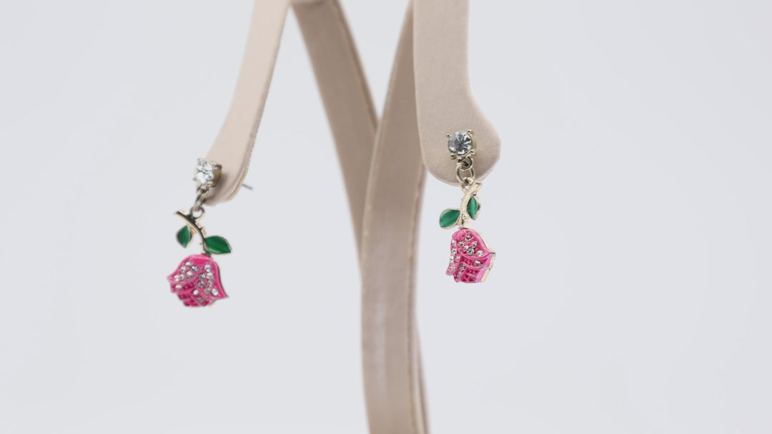 Pink Rose Flower Dangle Earrings with Rhinestones