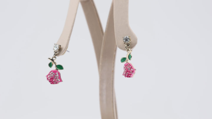 Pink Rose Flower Dangle Earrings with Rhinestones
