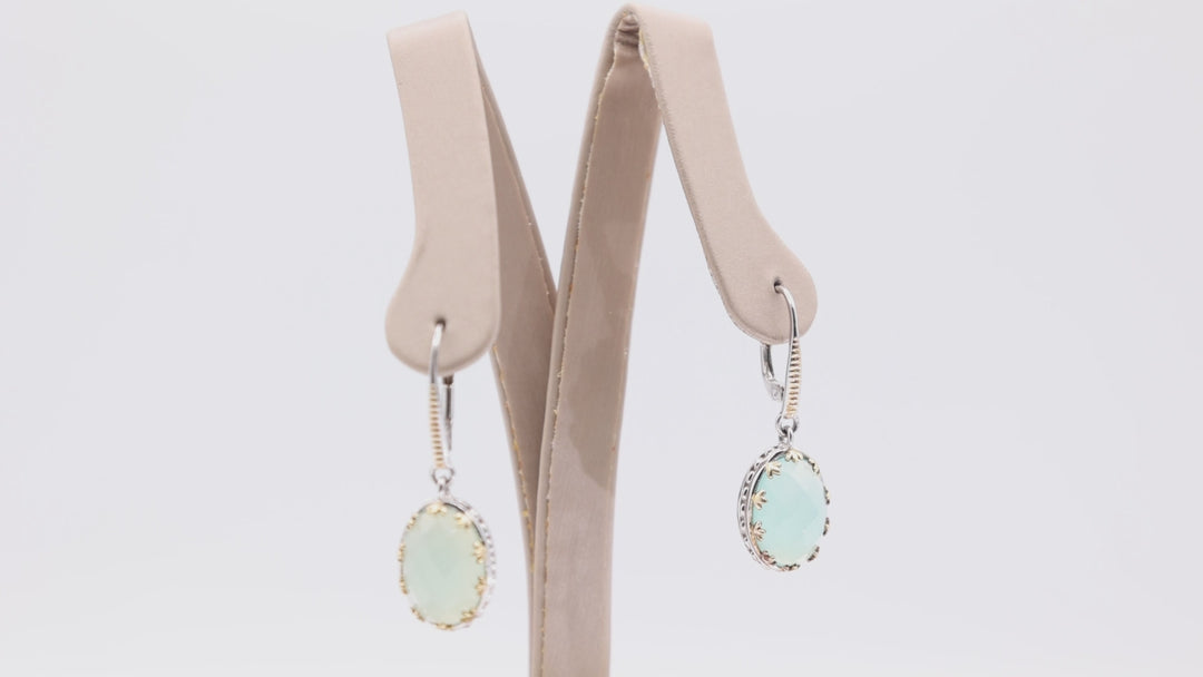 Chalcedony Solitaire Oval Stone with Gold Tone Accents Dangle Clasp Earrings