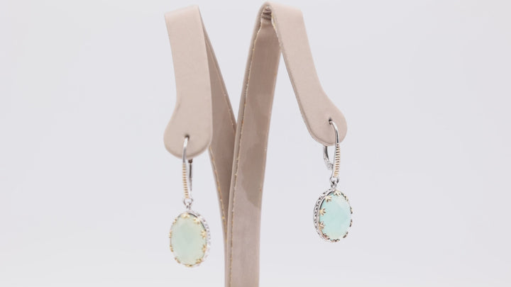 Chalcedony Solitaire Oval Stone with Gold Tone Accents Dangle Clasp Earrings