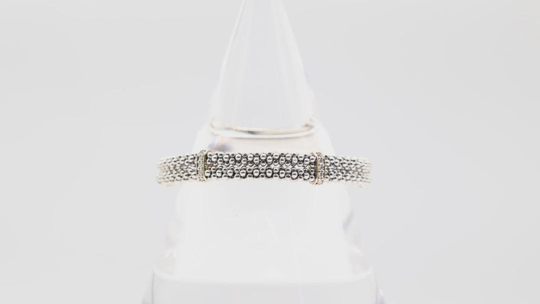 Lagos 925 & 18k Yellow Gold Caviar Beaded Bracelet with White Diamond on Gold Accents 6.5 inch