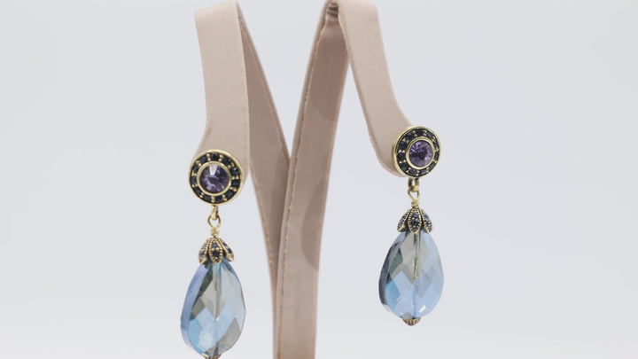 Heidi Daus Vintage Gold Tone Large Blue Tone Rhinestone Earrings