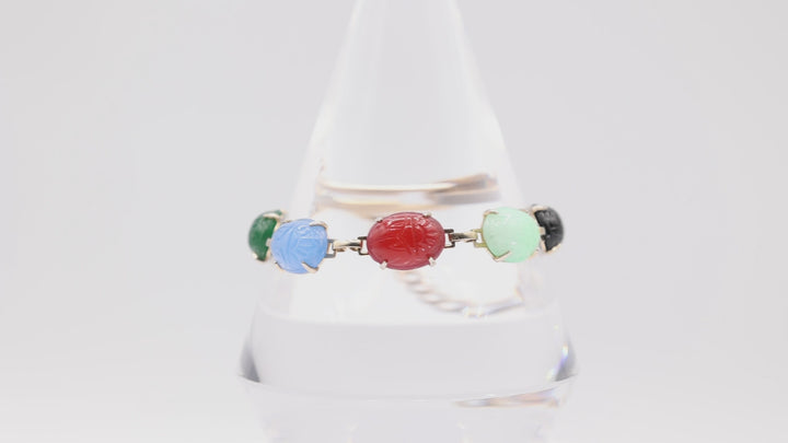 Vintage Yellow Gold Tone Multi Stone Coin Scarab Bracelet
