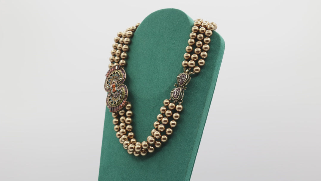 Heidi Daus Triple Strand Gold Pearls with Amber Crystal Necklace