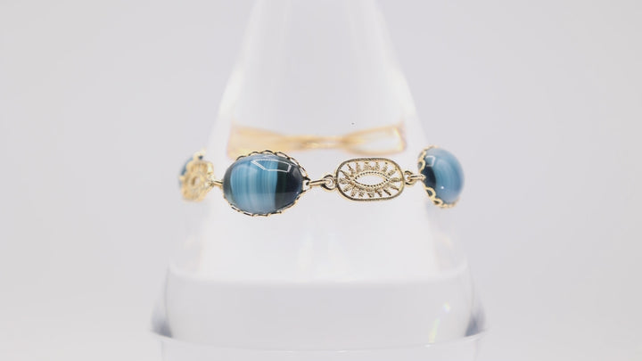 Yellow Gold Tone and Nickel Filigree Blue Glass and Marble Stone Bracelet - 7 in.
