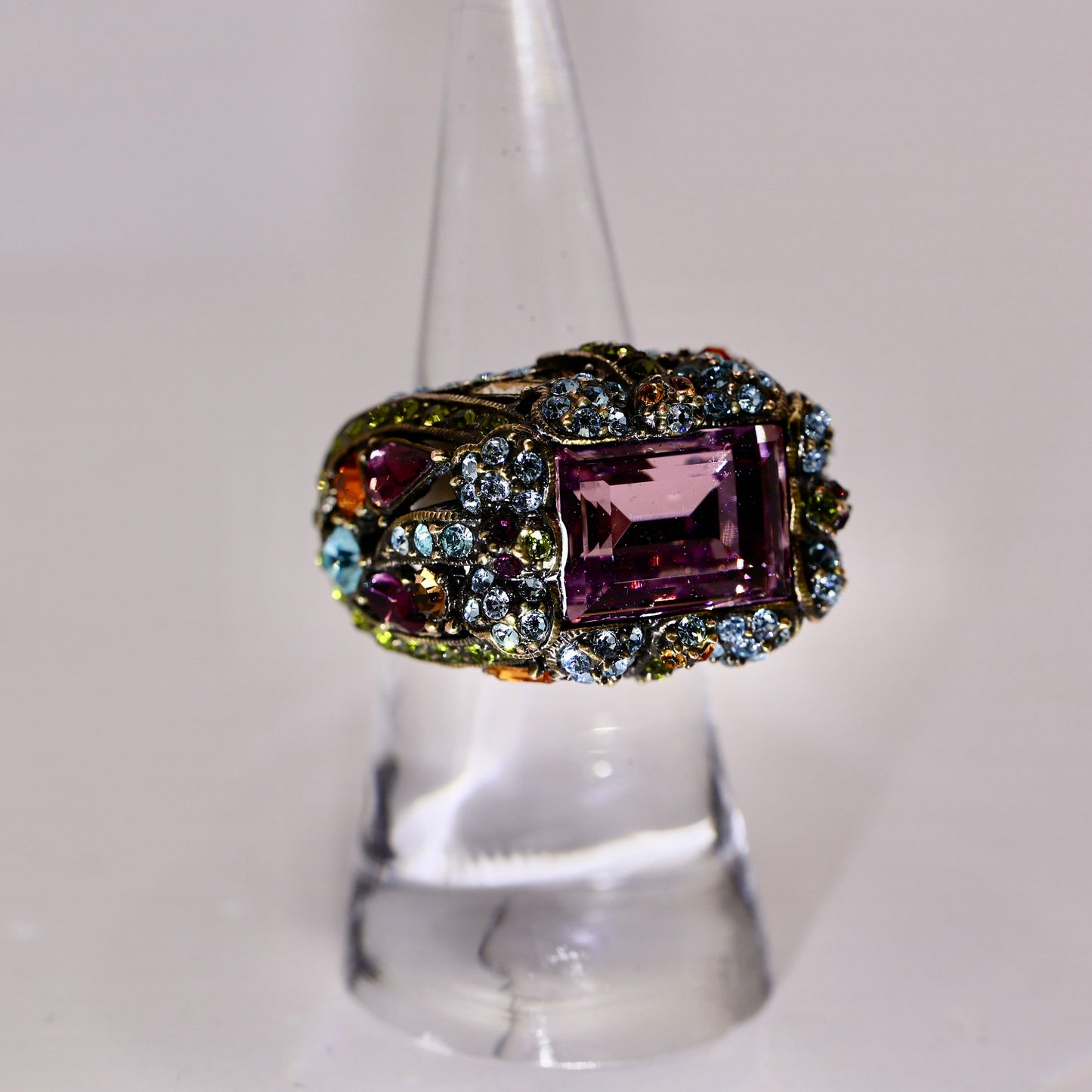 Heidi Daus Large Amethyst Stone with Blue and Pink Rhinestones Brass Ring - Size 6.75