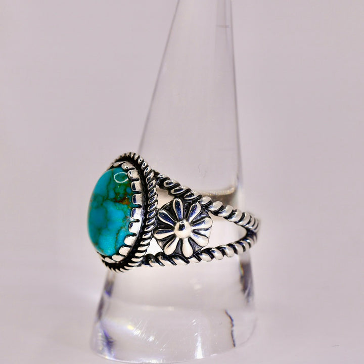 925 Sterling Silver Bright Turquoise Flower Band Ring - Size 9.75