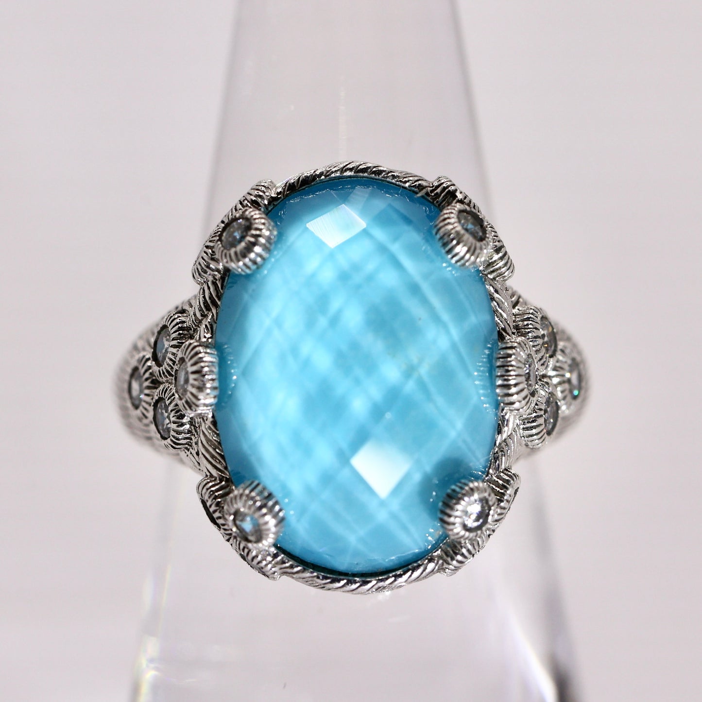 925 Sterling Silver Judith Ripka Turquoise Oval Ring with Twisted Band- Size 7