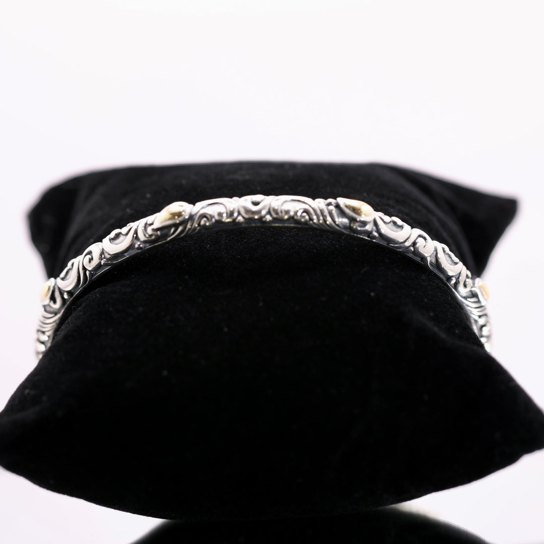 925 Sterling Silver 18k WH Signed Yellow Gold Bangle Bracelet - Size 7.75