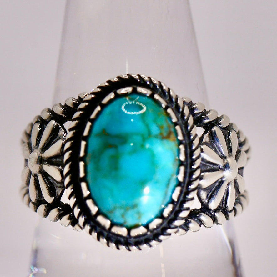 925 Sterling Silver Bright Turquoise Flower Band Ring - Size 9.75