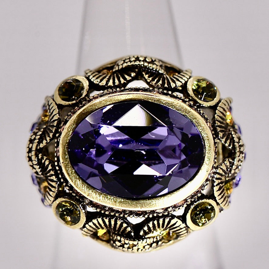 Heidi Daus Rhinestone Purple Dame Brass Ring - Size 6.5