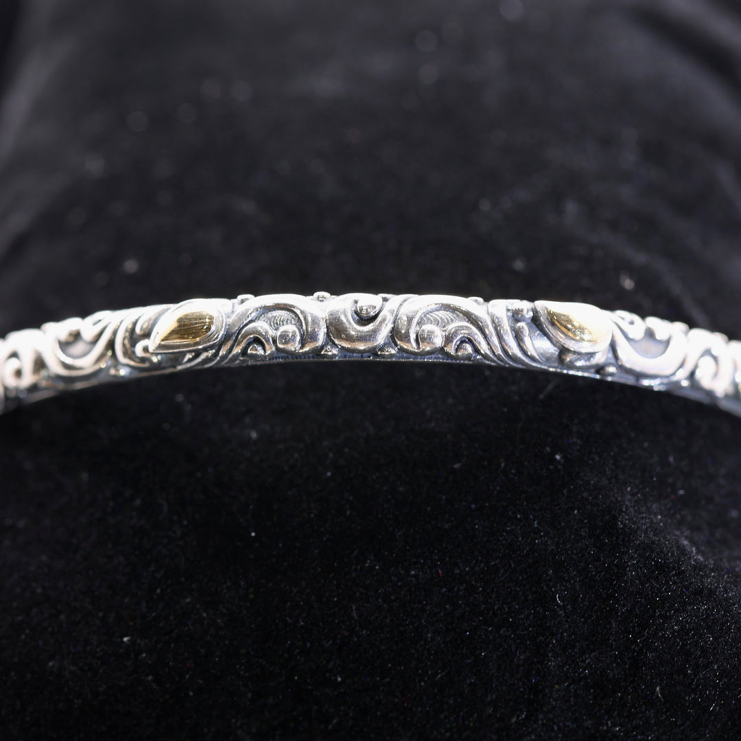 925 Sterling Silver 18k WH Signed Yellow Gold Bangle Bracelet - Size 7.75