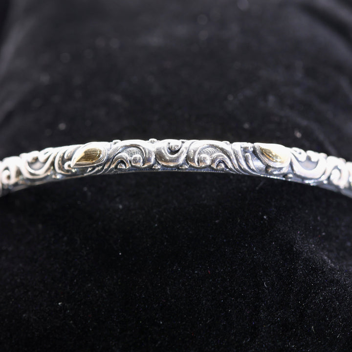 925 Sterling Silver 18k WH Signed Yellow Gold Bangle Bracelet - Size 7.75