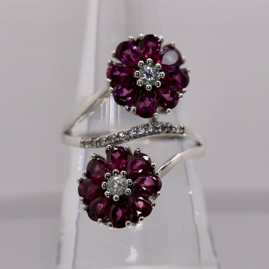 925 Sterling Silver Rhodolite and White Topaz Double Ring - Size  7.75