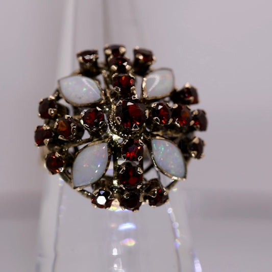 14k Gold Victorian Revival Garnet and Opal Cluster Ring Size- 7 1/2