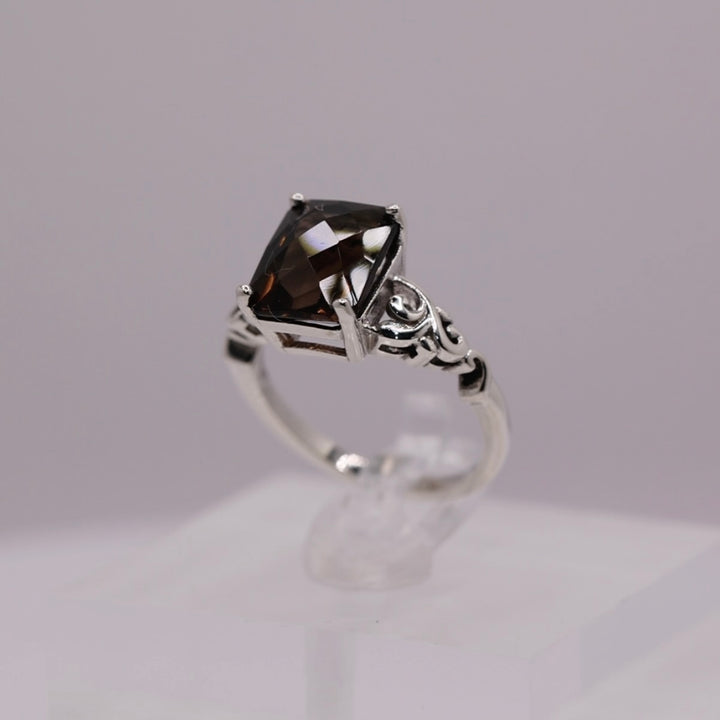 925 Sterling Silver Checkerboard Emerald-Cut Smokey Brown Quartz Ring - Size 5.75