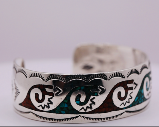 Navajo Gibson Gene SW Style 925 Silver Turquoise and Coral Inlay Cuff Bracelet