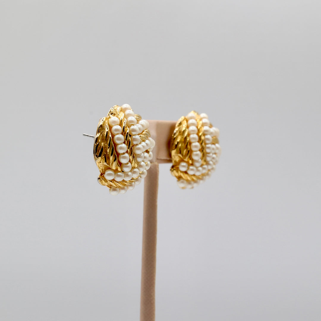 Avon Gold and Pearl Cluster Twist Earrings