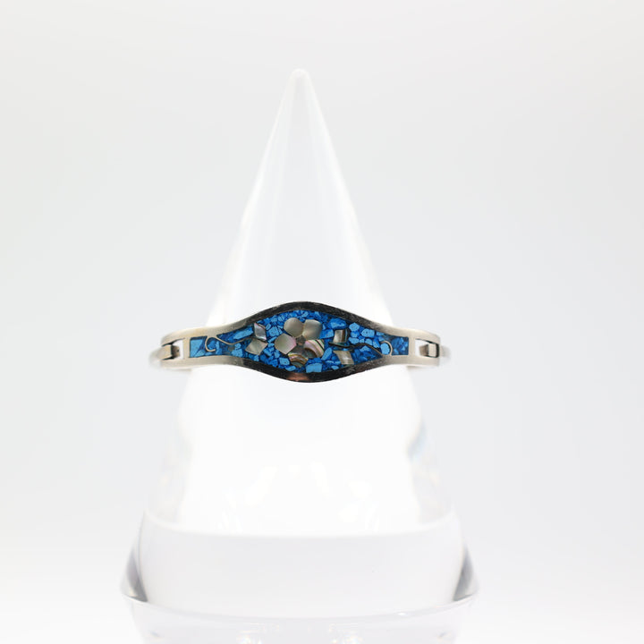 Costume Silver Tone Mexico Alpaca Blue Stone Flower Hinged Bangle
