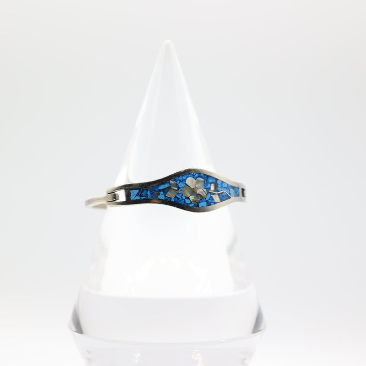 Costume Silver Tone Mexico Alpaca Blue Stone Flower Hinged Bangle