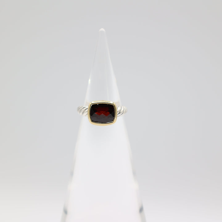 David Yurman Two Tone Garnet Noblesse Ring Yellow Gold Sterling Silver Size Six