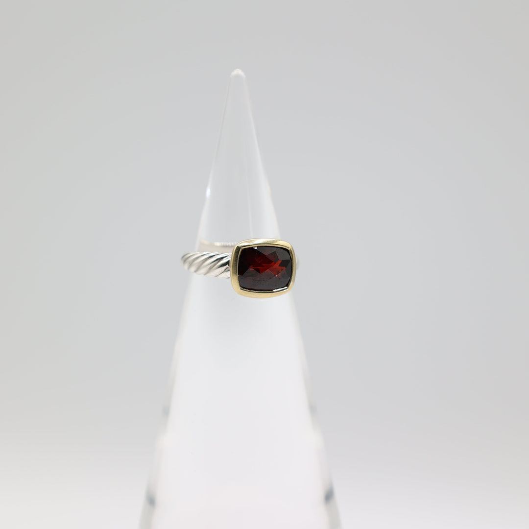 David Yurman Two Tone Garnet Noblesse Ring Yellow Gold Sterling Silver Size Six