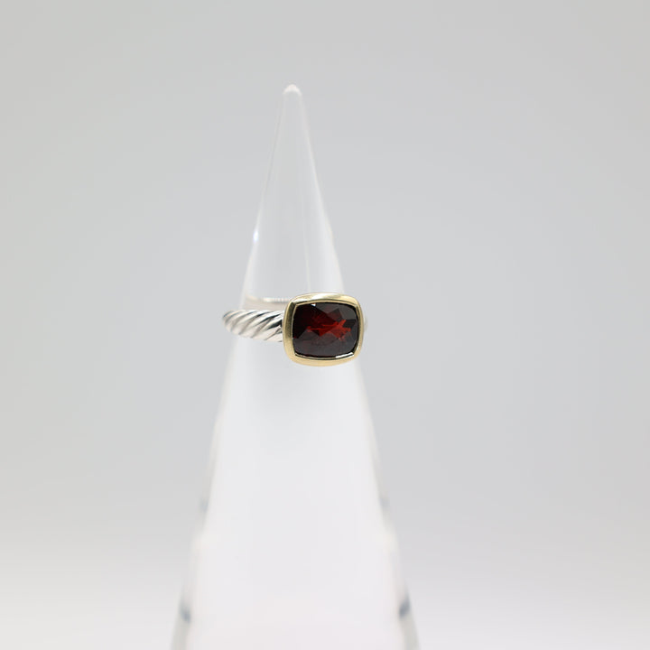 David Yurman Two Tone Garnet Noblesse Ring Yellow Gold Sterling Silver Size Six