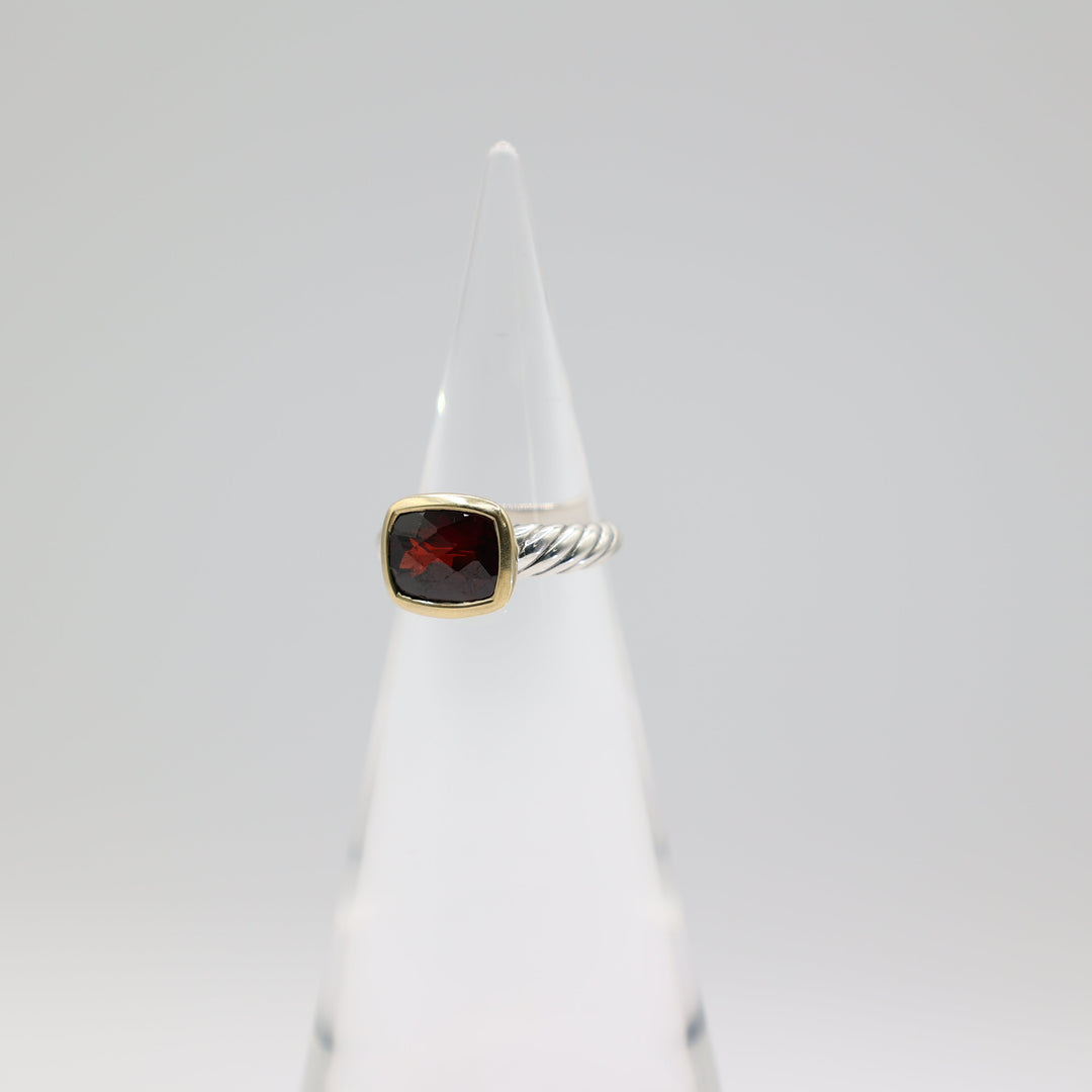David Yurman Two Tone Garnet Noblesse Ring Yellow Gold Sterling Silver Size Six
